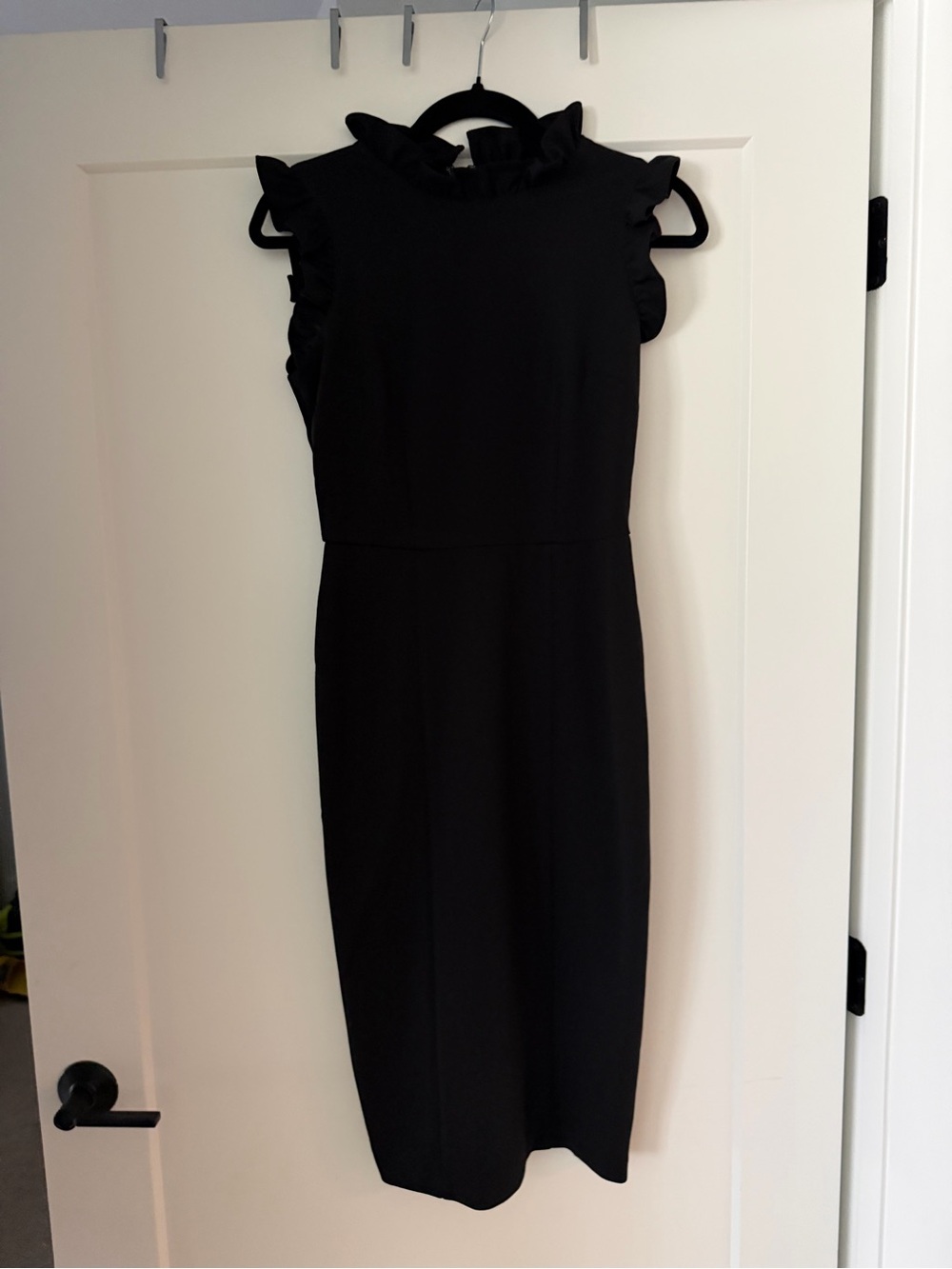 Maggy London Black Ruffle Mock-Neck Midi Sheath Dress